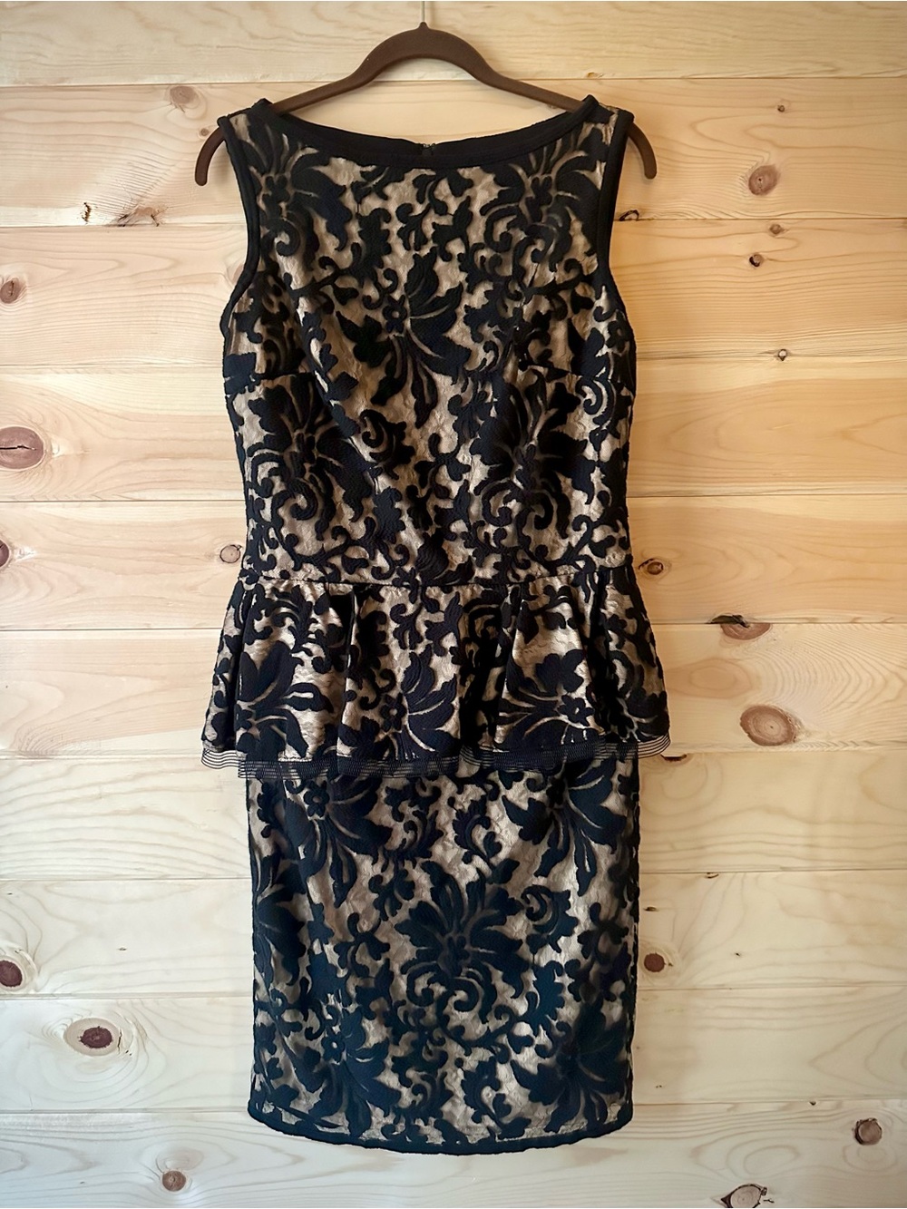 Tadashi Shoji Black Tulle Lace Cocktail Dress Peplum Mesh Trim Nude Lining Sz 6